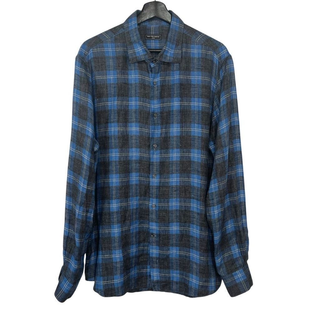 Saks Fifth Avenue Plaid Linen Long Sleeve Shirt Mens XL Blue Gray White Button